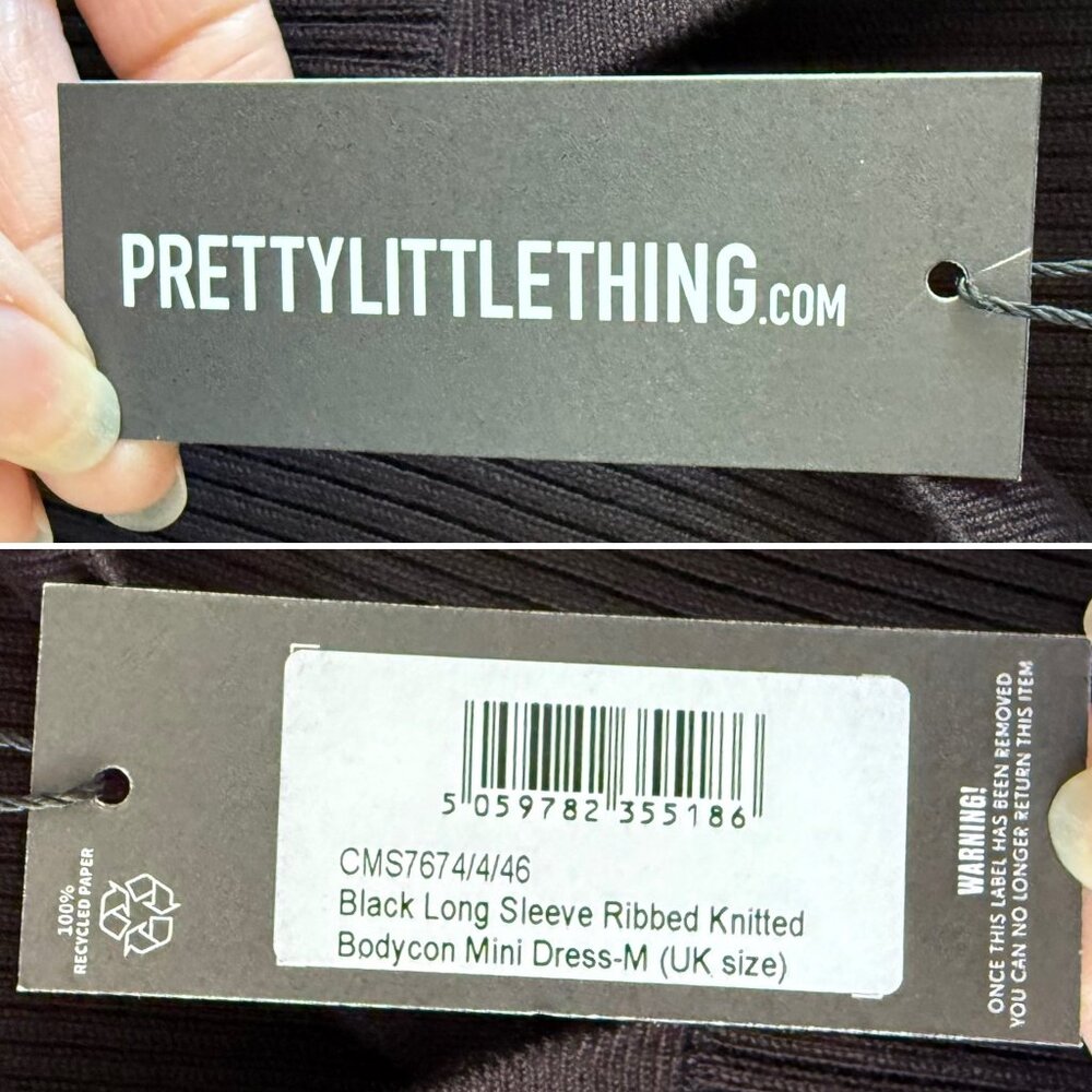 PrettyLittleThing Black Mini Dress Size 6 Ribbed Knit Bodycon Long Sleeve Preppy - Picture 9 of 10